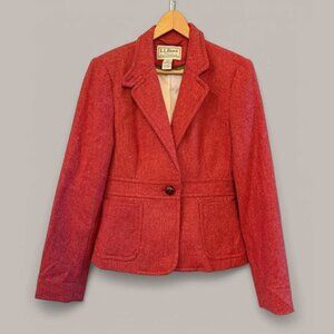 Women LL Bean Herringbone Tweed Wool‎ Rust Blazer-Misses 12 Reg (Runs Small)